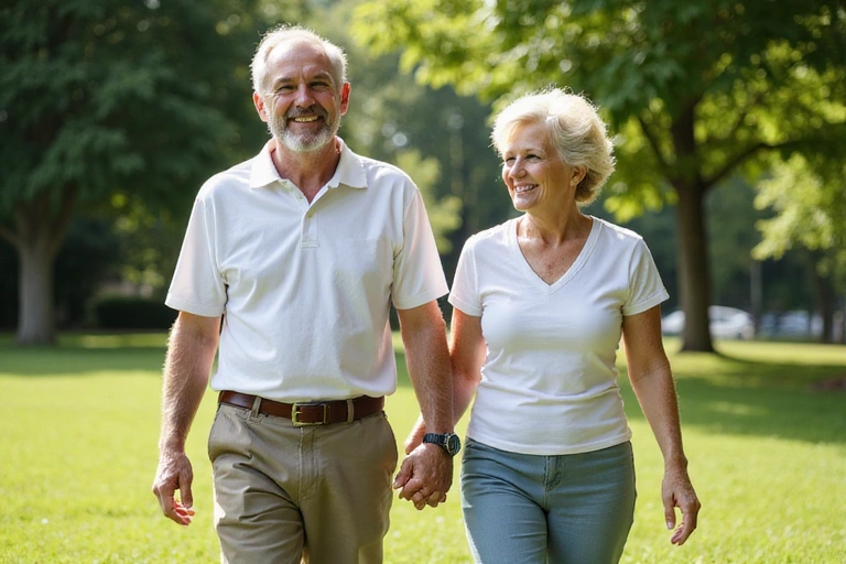 A senior couple smiling and walking in a park, symbolizing active and happy aging.