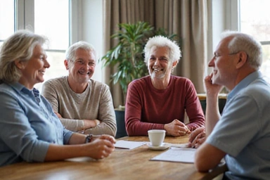 A group of smiling seniors engaging in a friendly conversation, symbolizing community support.