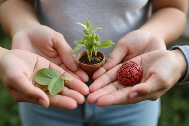 Diverse hands holding different wellness symbols like a heart, a sprout, and a brain, symbolizing holistic well-being.