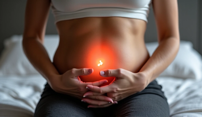 A person performing a Kegel exercise, focusing on the contraction of the pelvic floor muscles, with a subtle glow indicating muscle engagement. The background is calm and supportive.