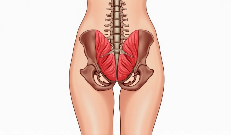 Detailed anatomical illustration of the female pelvic floor muscles and supporting ligaments, highlighting their complex structure and connection to the spine and hips.
