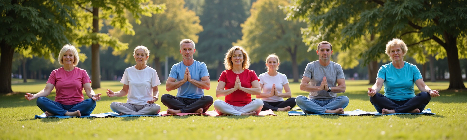 Active seniors engaging in light gymnastics or yoga outdoors