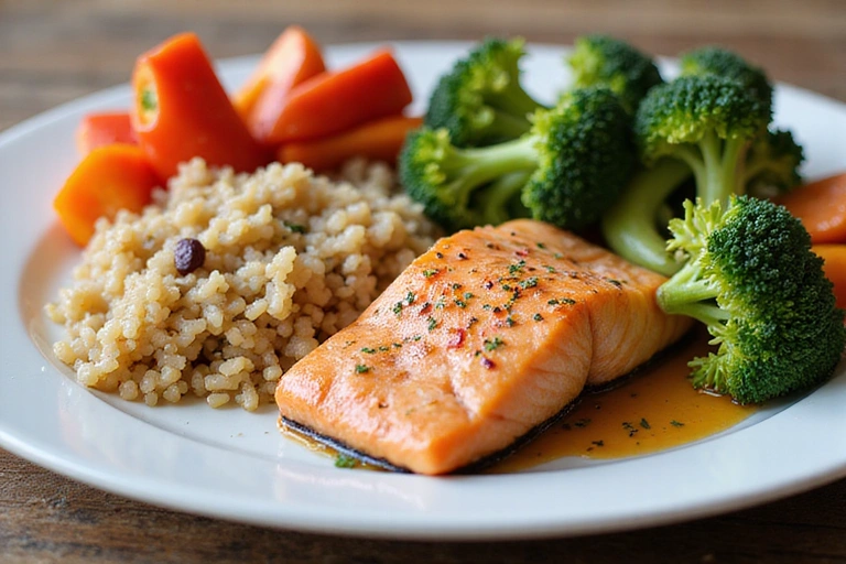 A vibrant bowl of balanced diet ingredients including leafy greens, lean protein, and whole grains, symbolizing healthy eating basics for seniors.