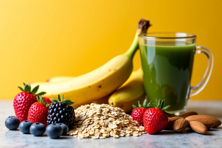 A colorful array of fruits and nuts, symbolizing energy-boosting foods.