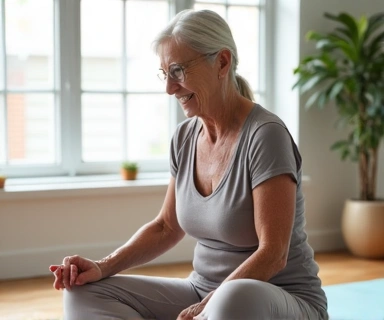 Senior woman performing gentle pelvic floor exercises on a yoga mat